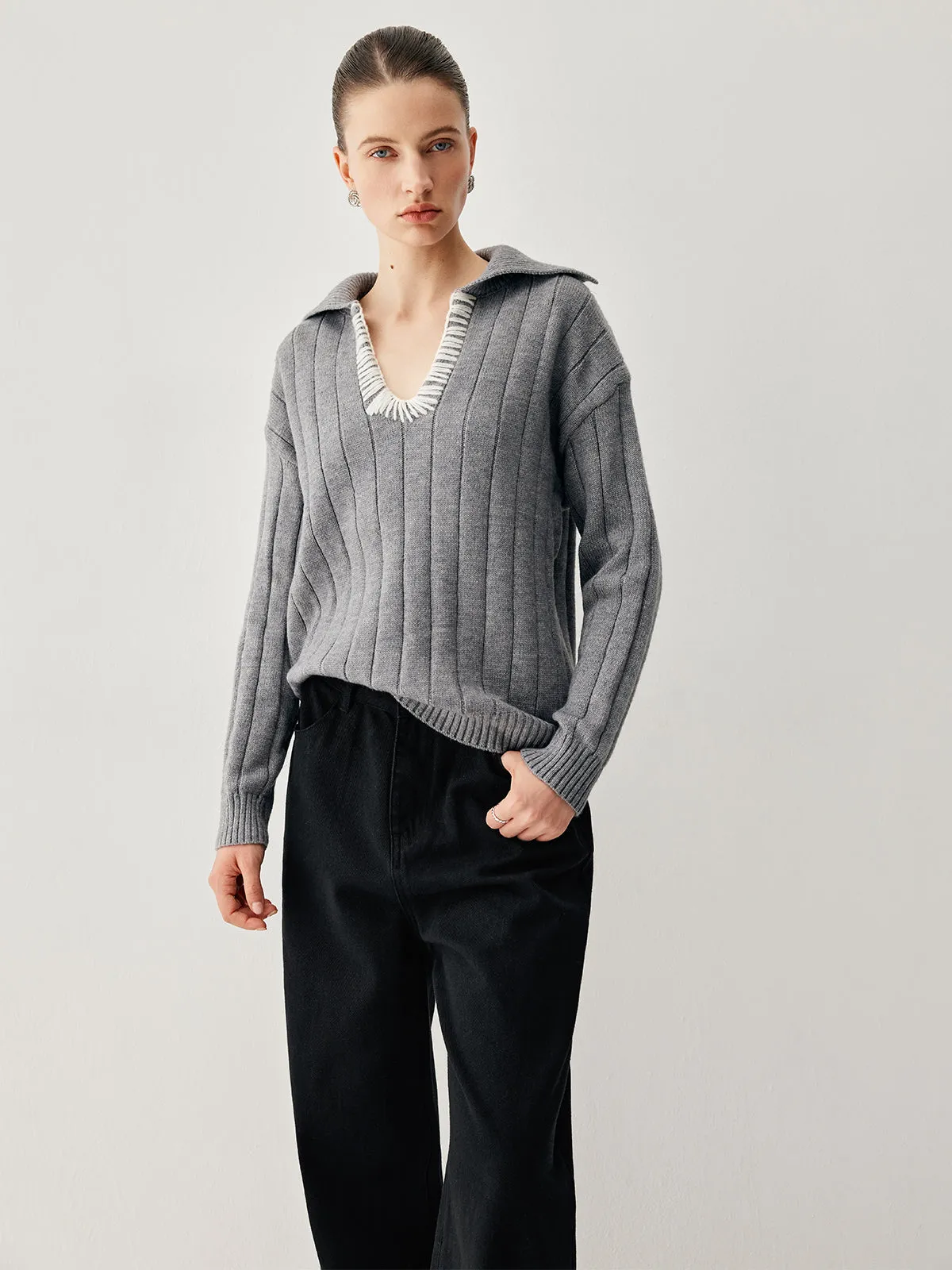 Ribbed Knit Collared Trendy Contrast Trim V-neck Sweater