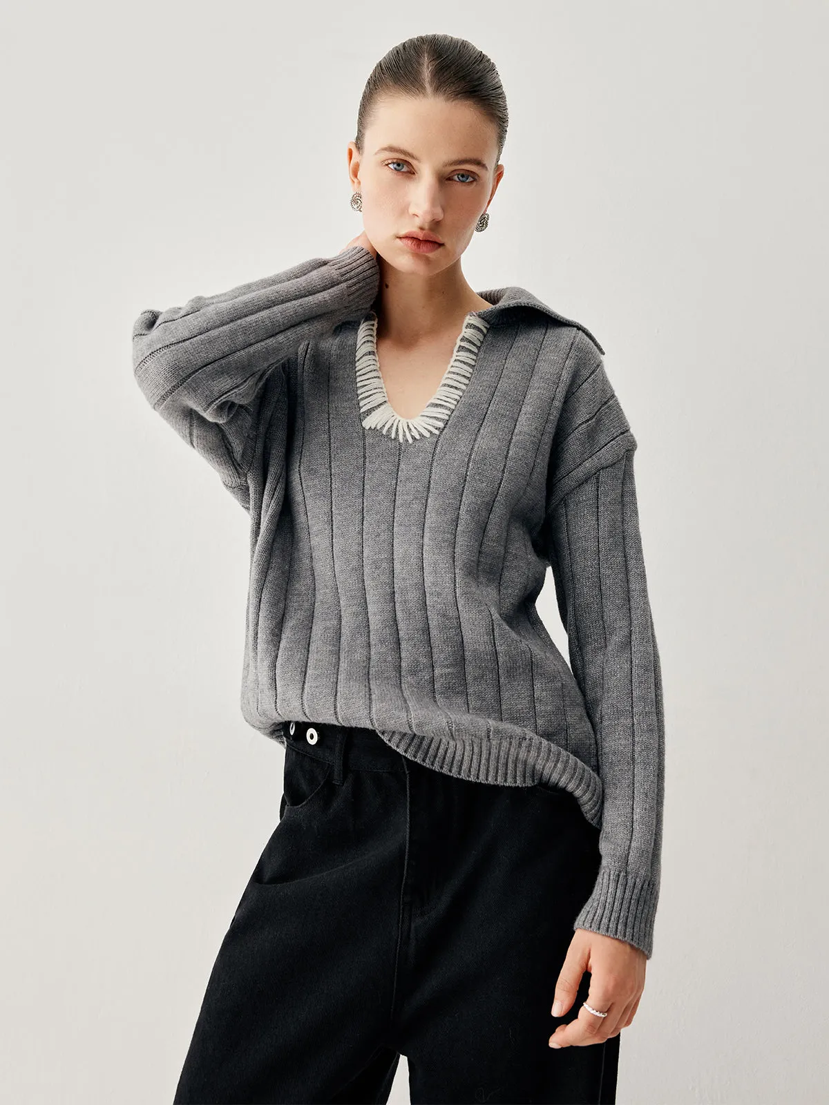 Ribbed Knit Collared Trendy Contrast Trim V-neck Sweater