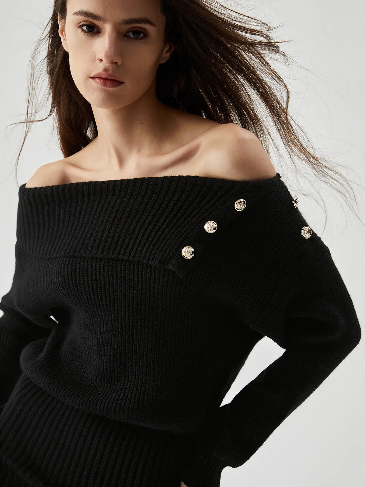 Ribbed Knit Overfold Off Modern Shoulder Buttoned Mini Sweater Dress