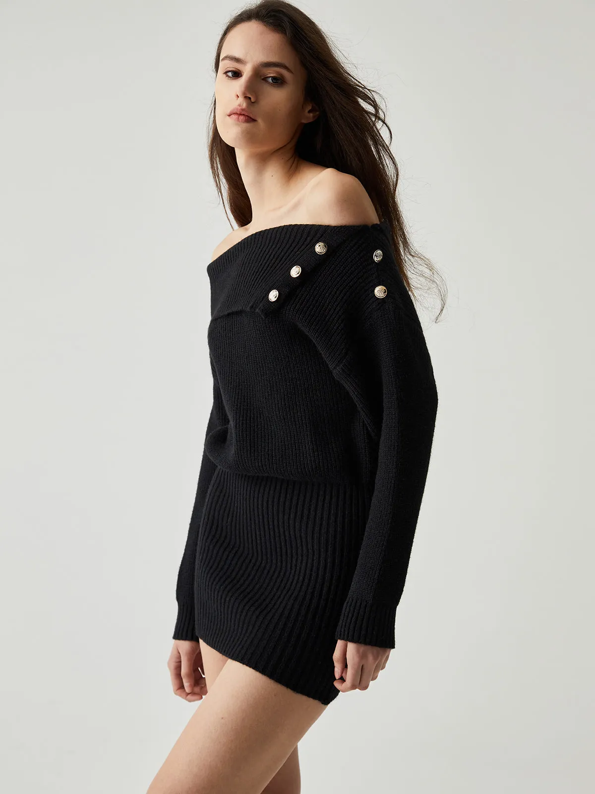 Ribbed Knit Overfold Off Modern Shoulder Buttoned Mini Sweater Dress