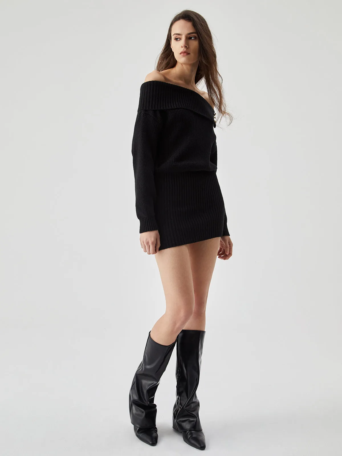 Ribbed Knit Overfold Off Modern Shoulder Buttoned Mini Sweater Dress