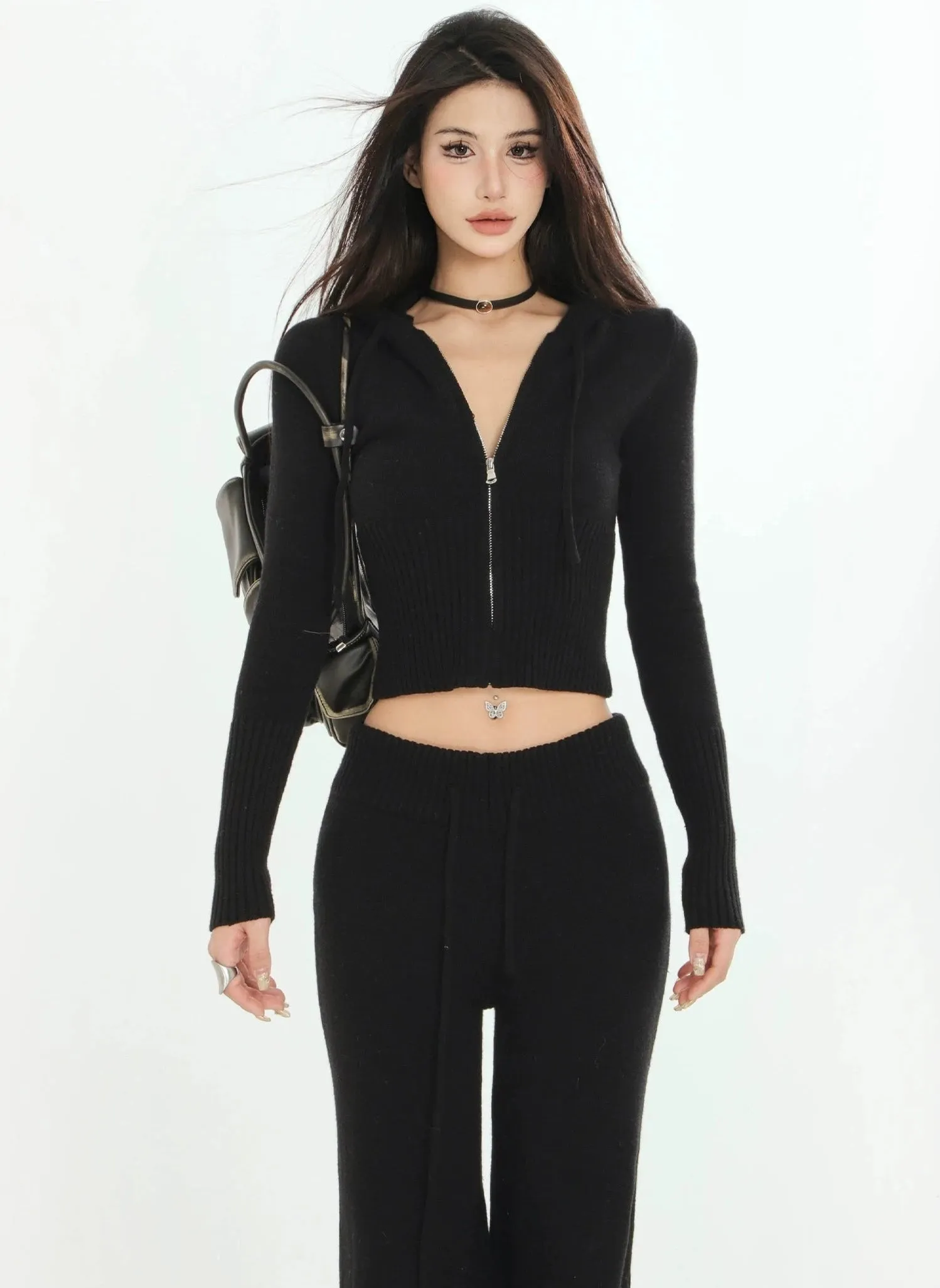 Ribbed Knit Zip-Up Hoodie and Pants Set