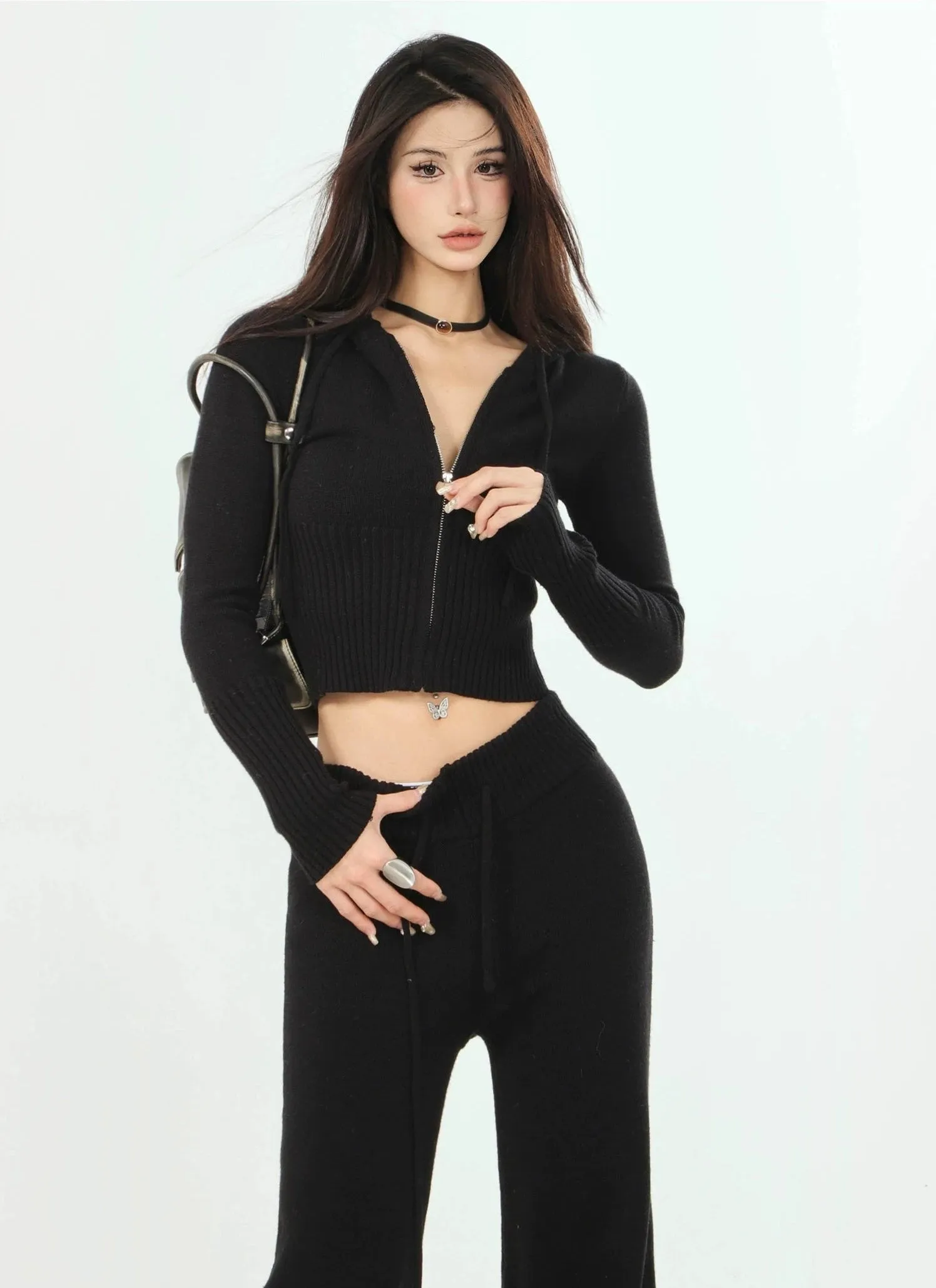 Ribbed Knit Zip-Up Hoodie and Pants Set