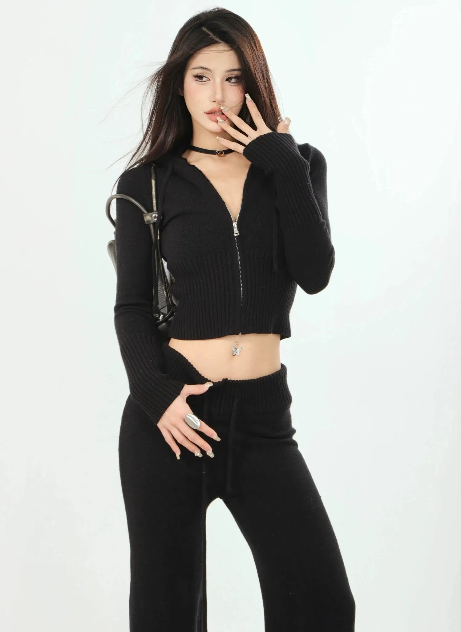 Ribbed Knit Zip-Up Hoodie and Pants Set