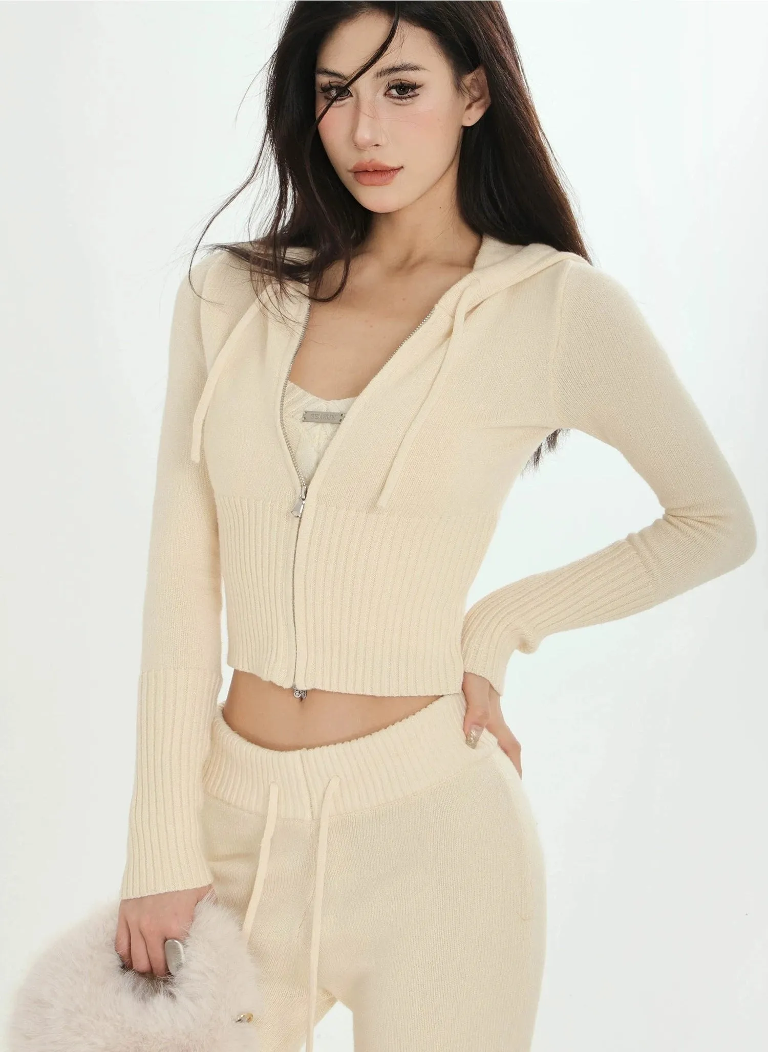 Ribbed Knit Zip-Up Hoodie and Pants Set