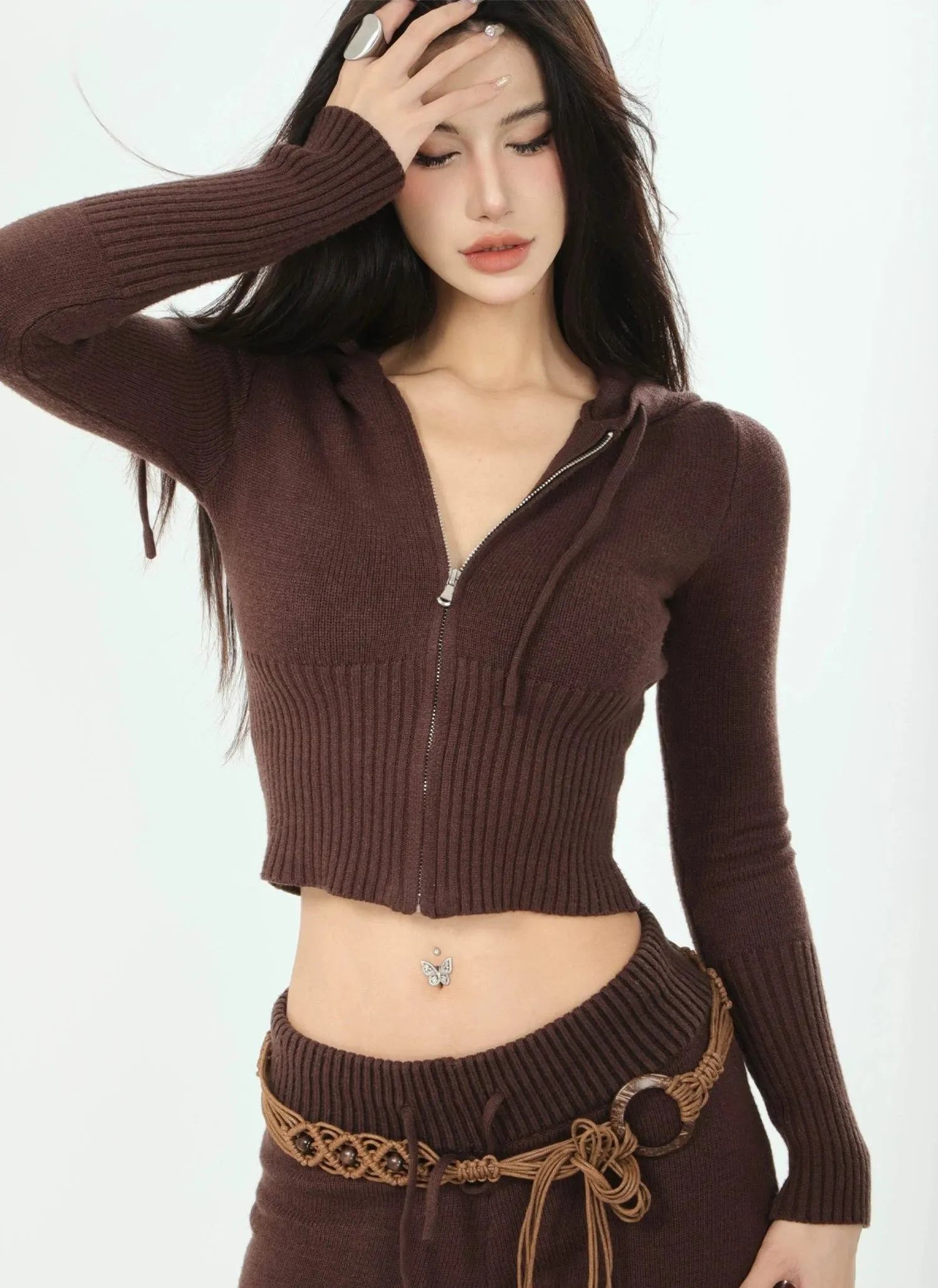 Ribbed Knit Zip-Up Hoodie and Pants Set