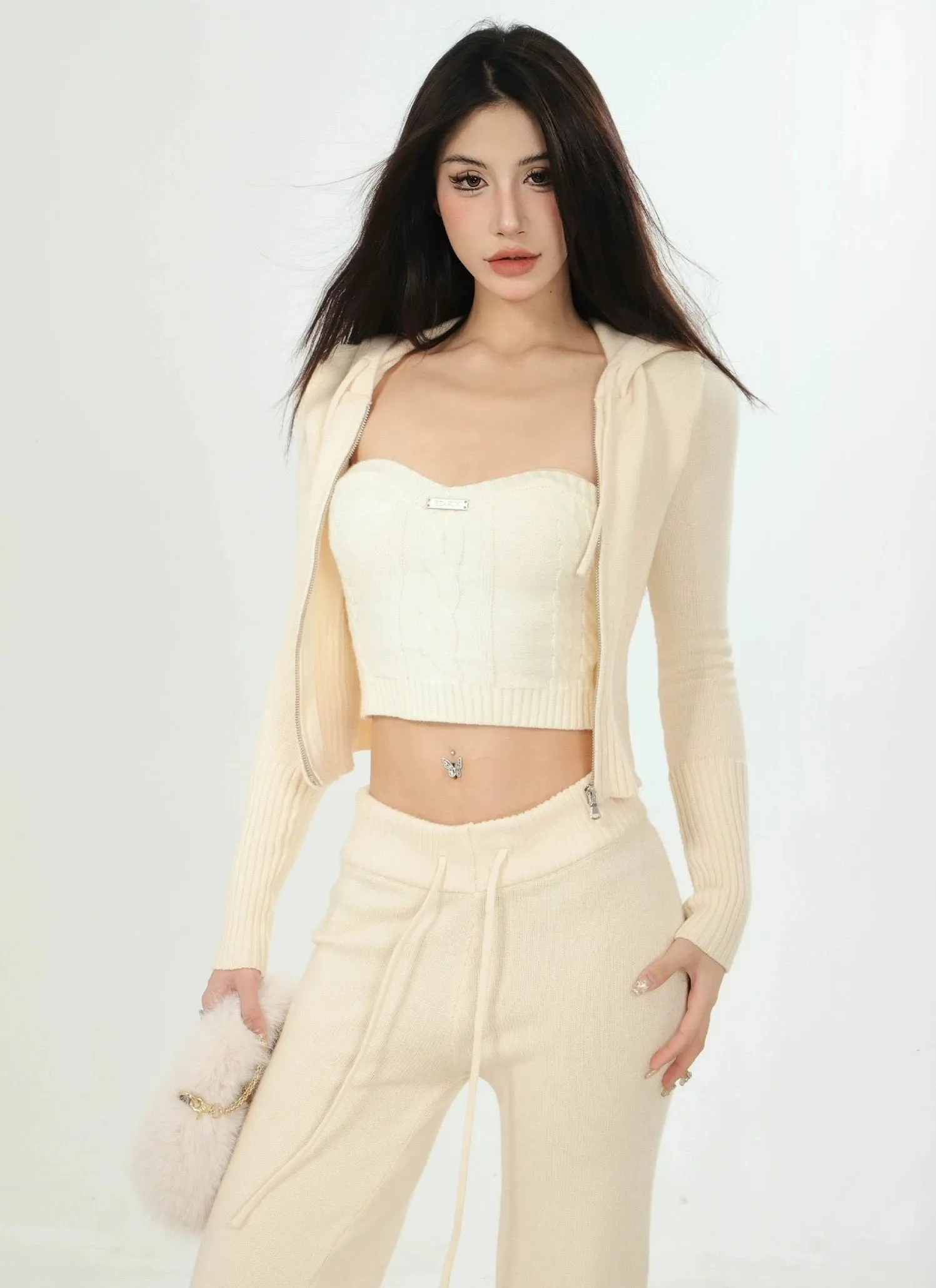 Ribbed Knit Zip-Up Hoodie and Pants Set