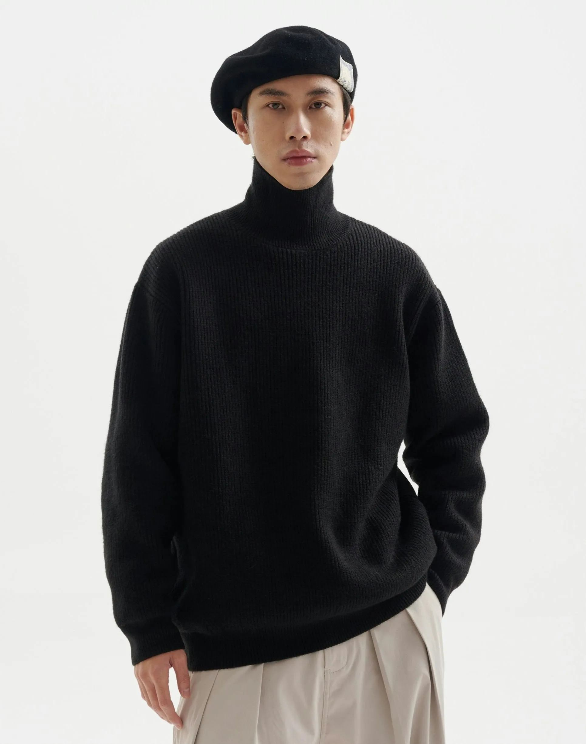 Ribbed Oversized Funnel-Neck Sweater