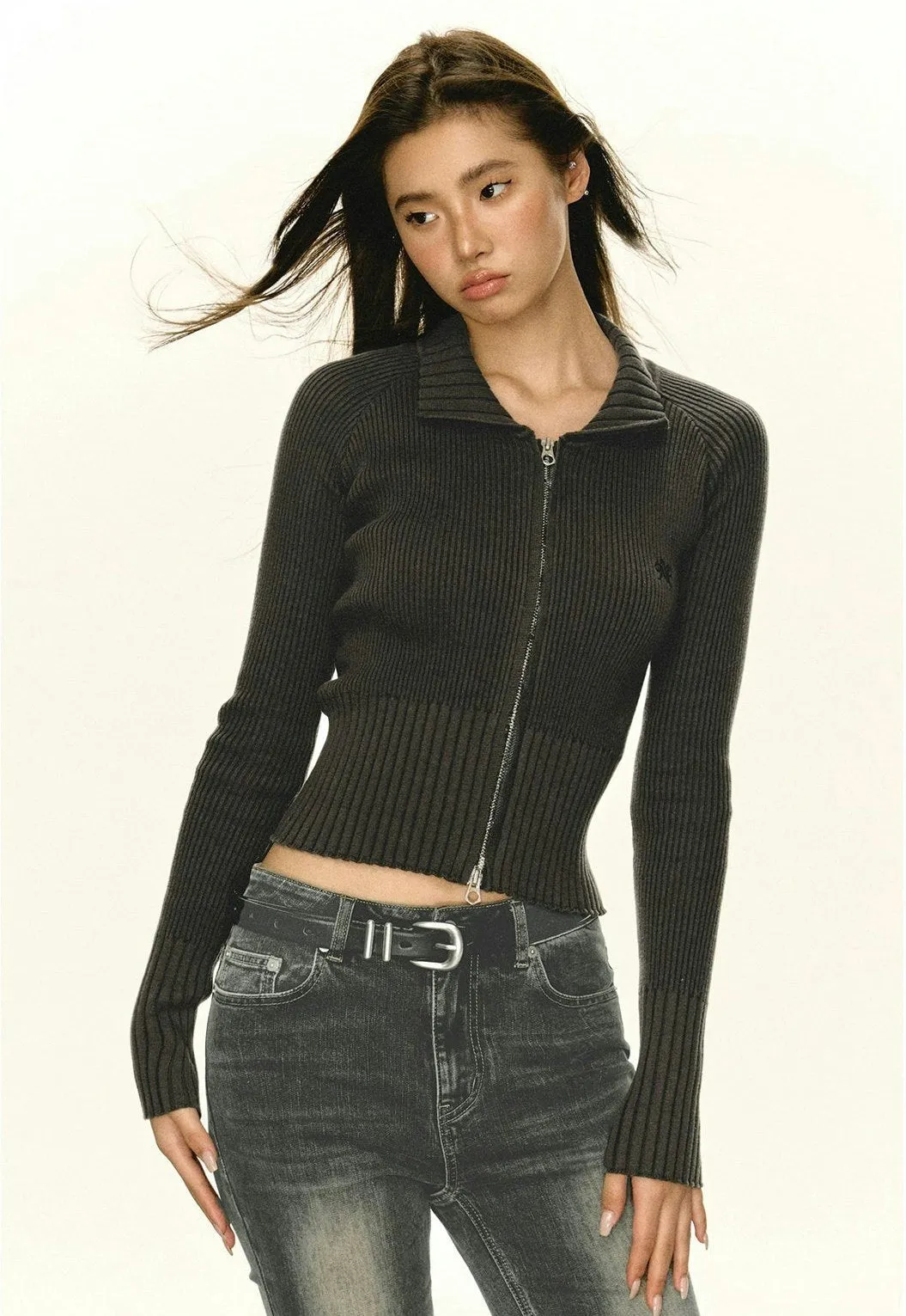 Ribbed Zip-up Slim Cropped Sweater