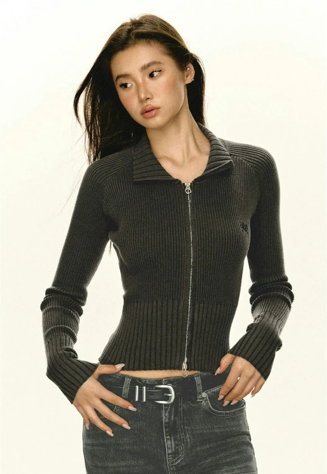 Ribbed Zip-up Slim Cropped Sweater