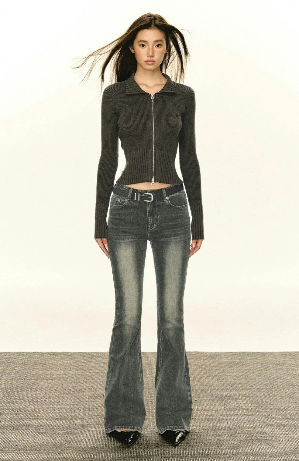 Ribbed Zip-up Slim Cropped Sweater