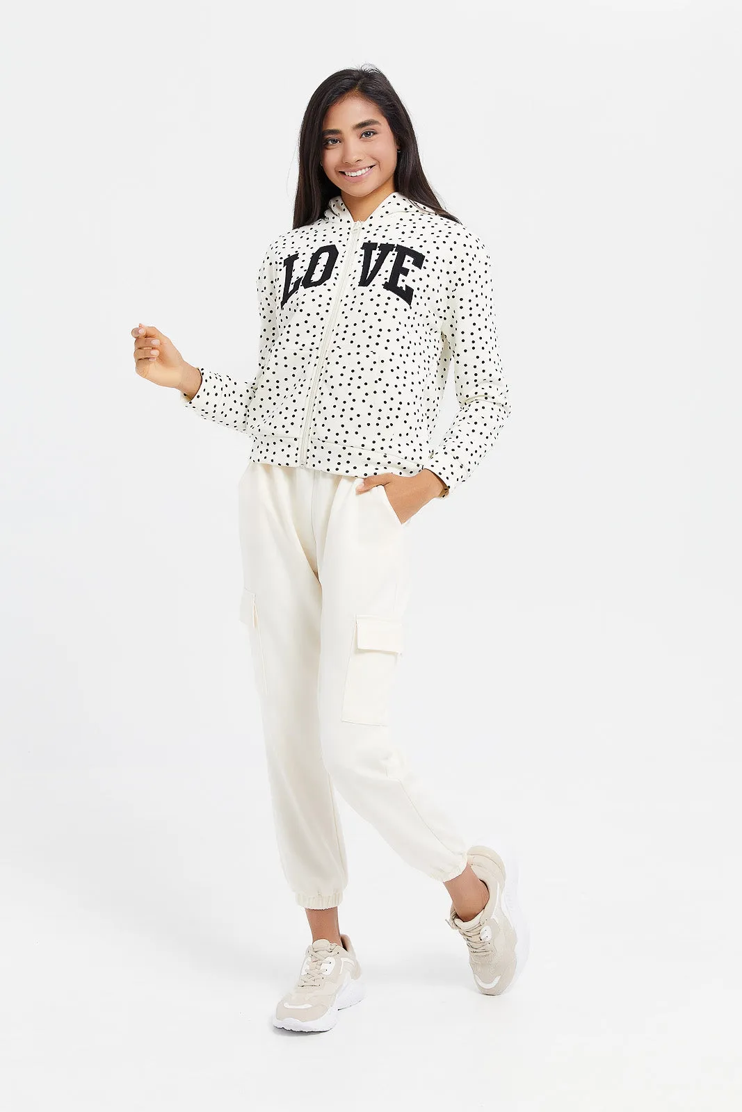 Senior Girls White Dotted Zip Through Sweatshirt