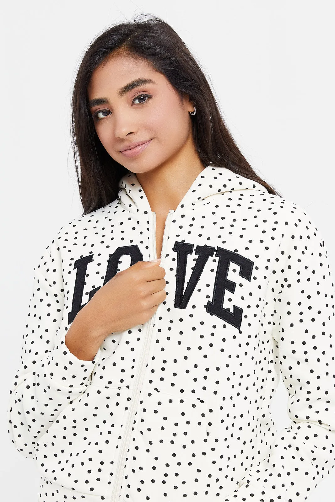 Senior Girls White Dotted Zip Through Sweatshirt