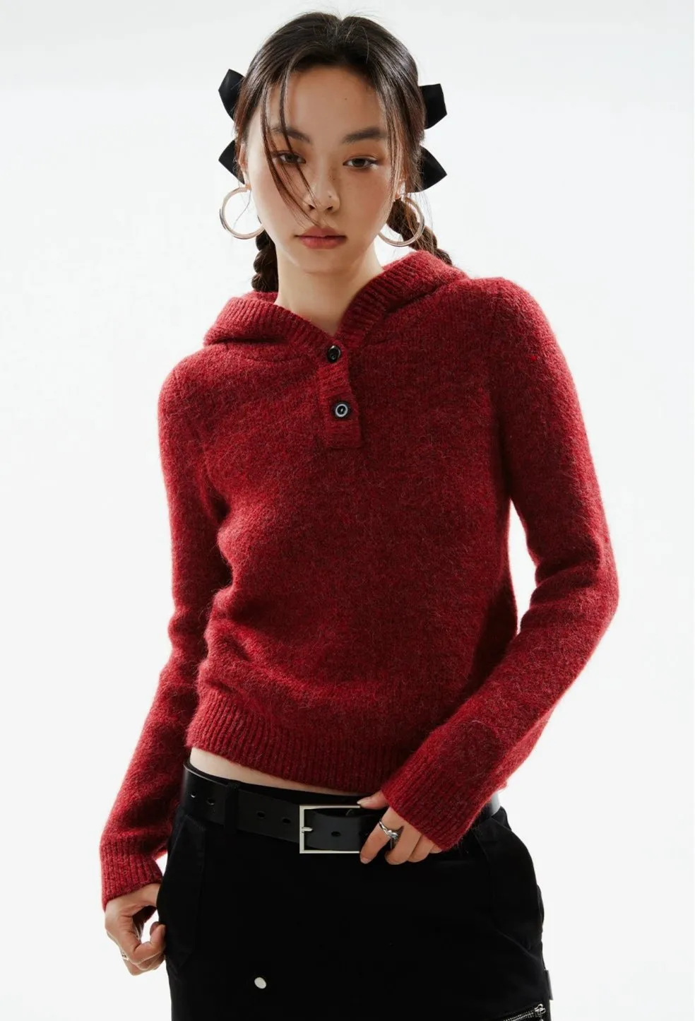 Skinny Ribbed Trim Half Button Knit Hoodie