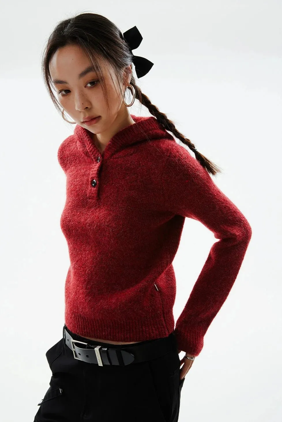 Skinny Ribbed Trim Half Button Knit Hoodie