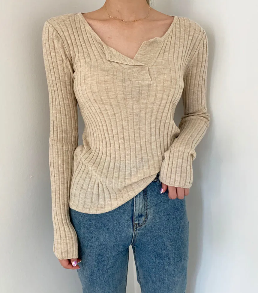 Soft Cotton V-Neck Ribbed Knit Top