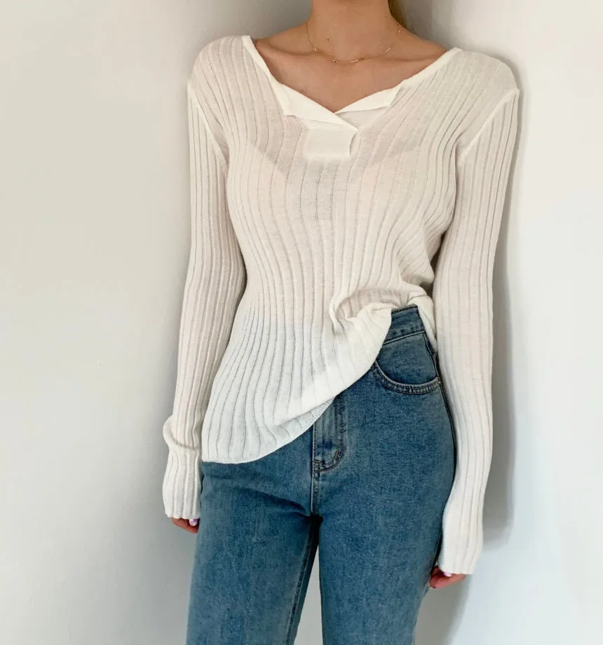 Soft Cotton V-Neck Ribbed Knit Top