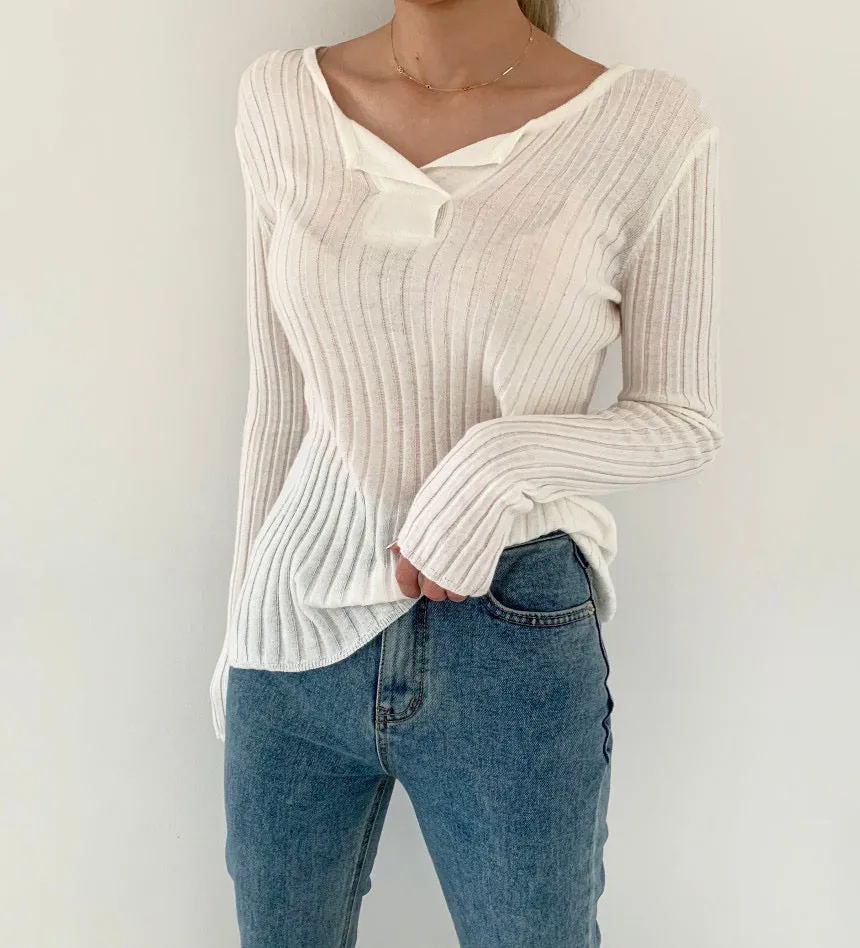 Soft Cotton V-Neck Ribbed Knit Top