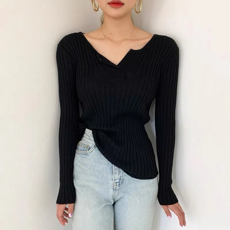 Soft Cotton V-Neck Ribbed Knit Top