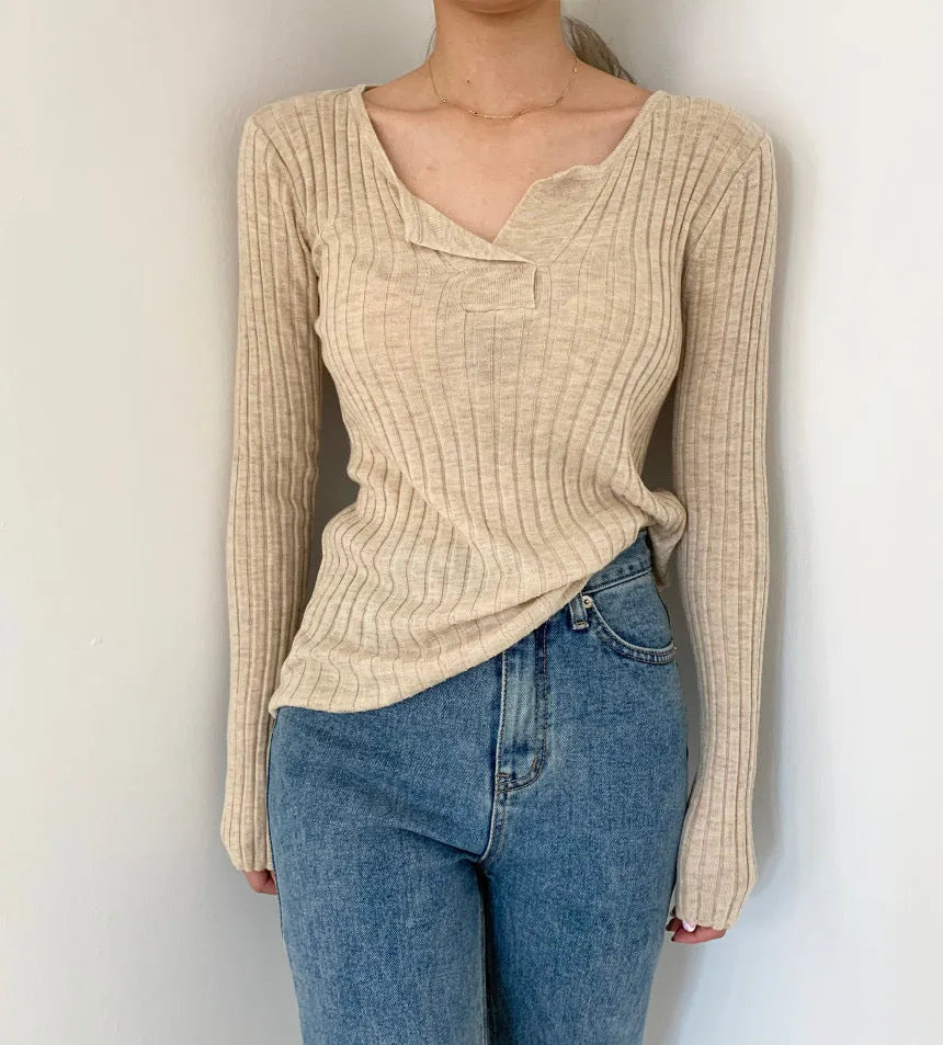 Soft Cotton V-Neck Ribbed Knit Top