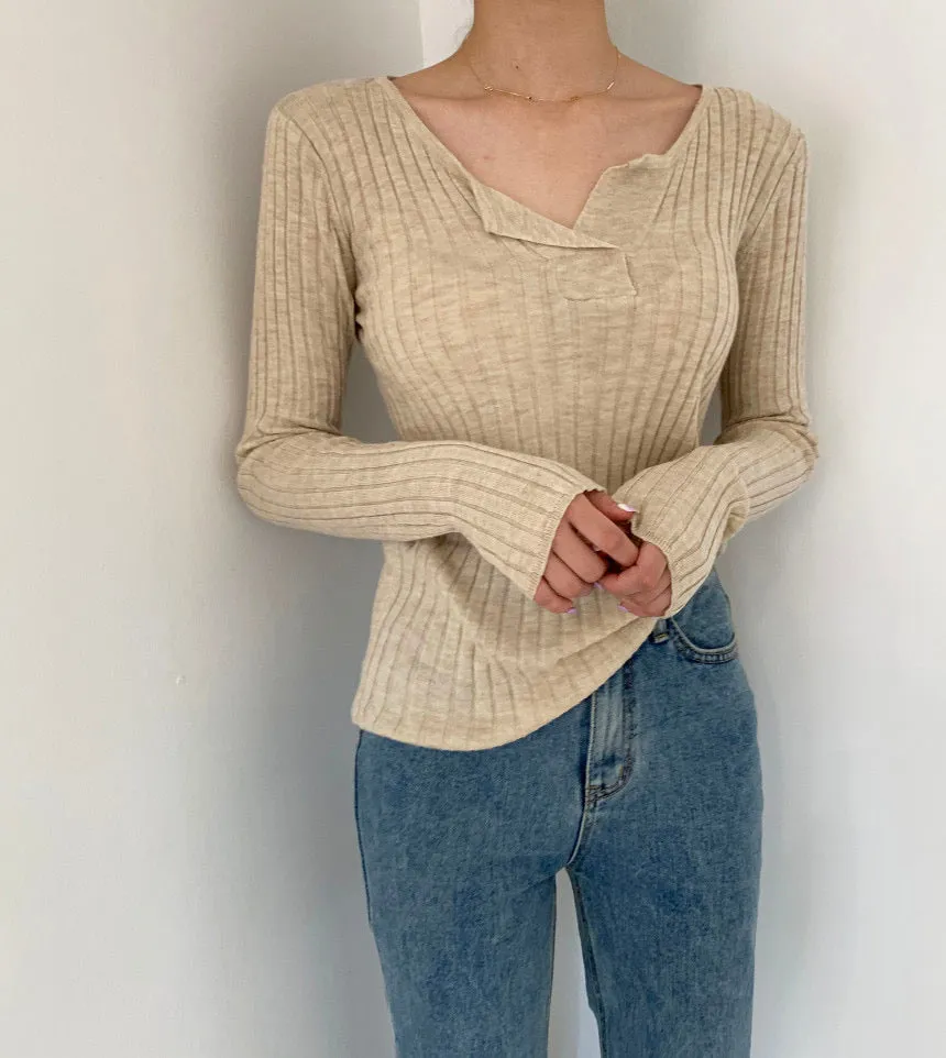 Soft Cotton V-Neck Ribbed Knit Top