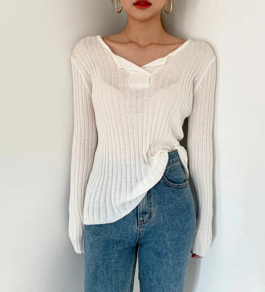 Soft Cotton V-Neck Ribbed Knit Top