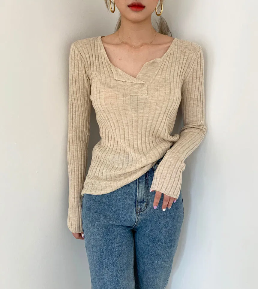 Soft Cotton V-Neck Ribbed Knit Top