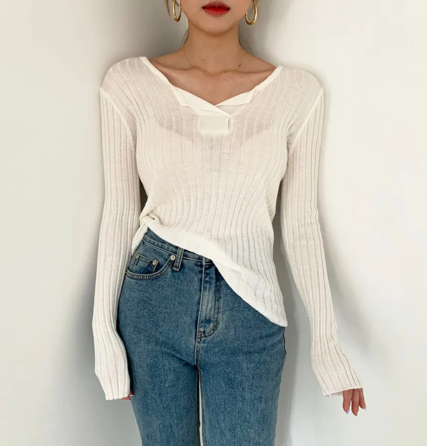 Soft Cotton V-Neck Ribbed Knit Top