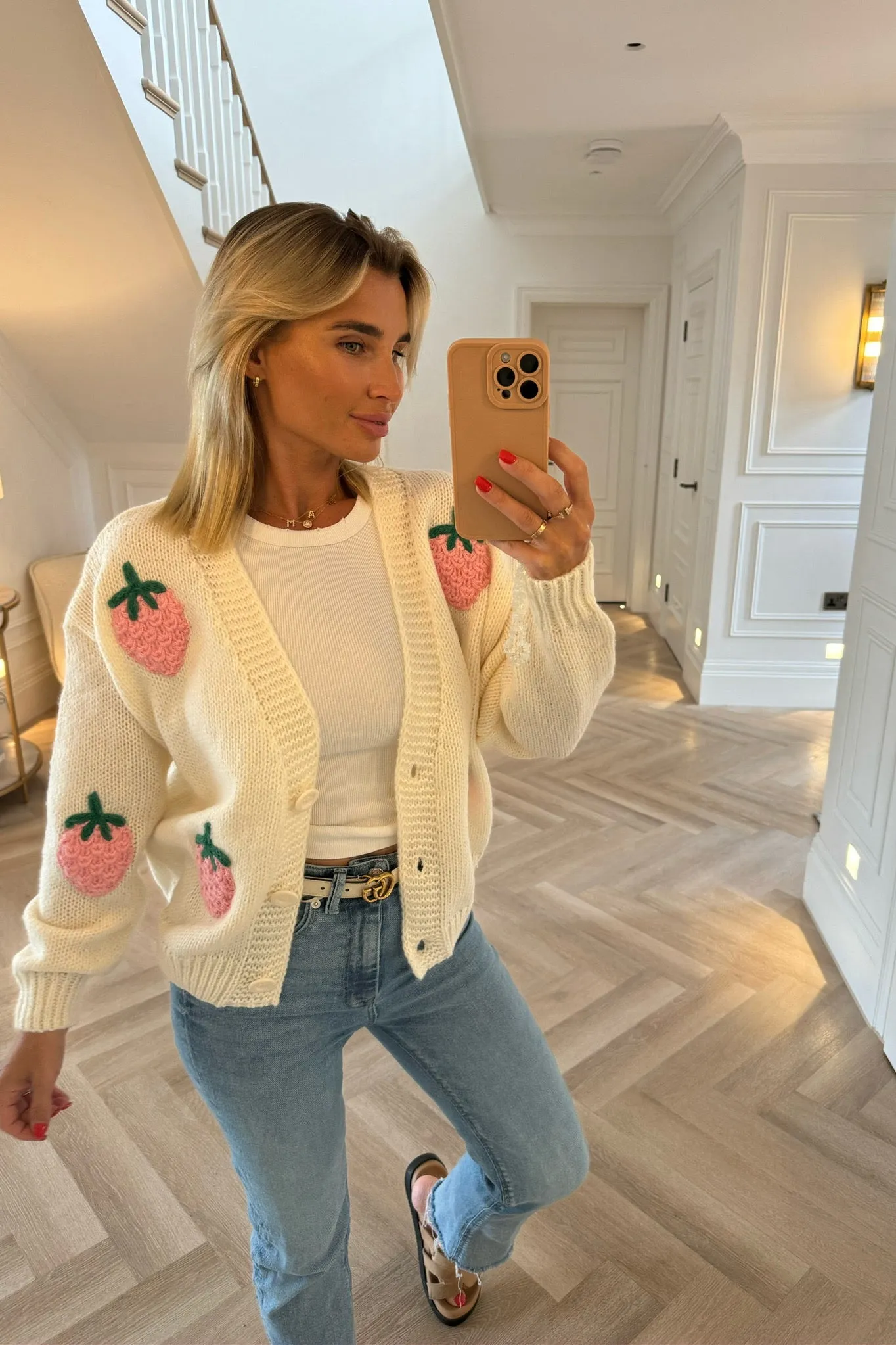 SOFT KNITTED CREAM STRAWBERRY CARDIGAN