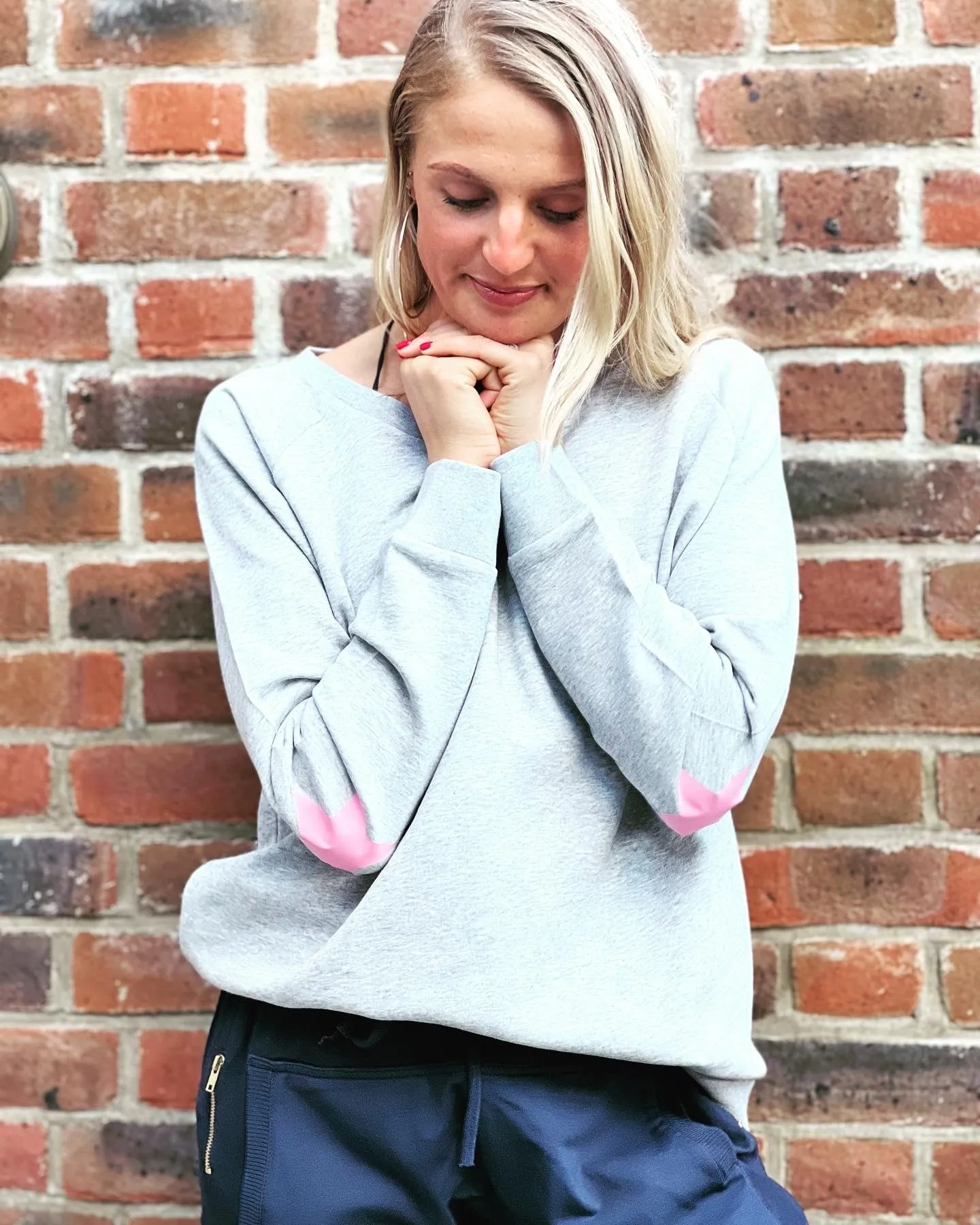 Soft Pink Star Elbow Marl Grey Organic Cotton Sweatshirt