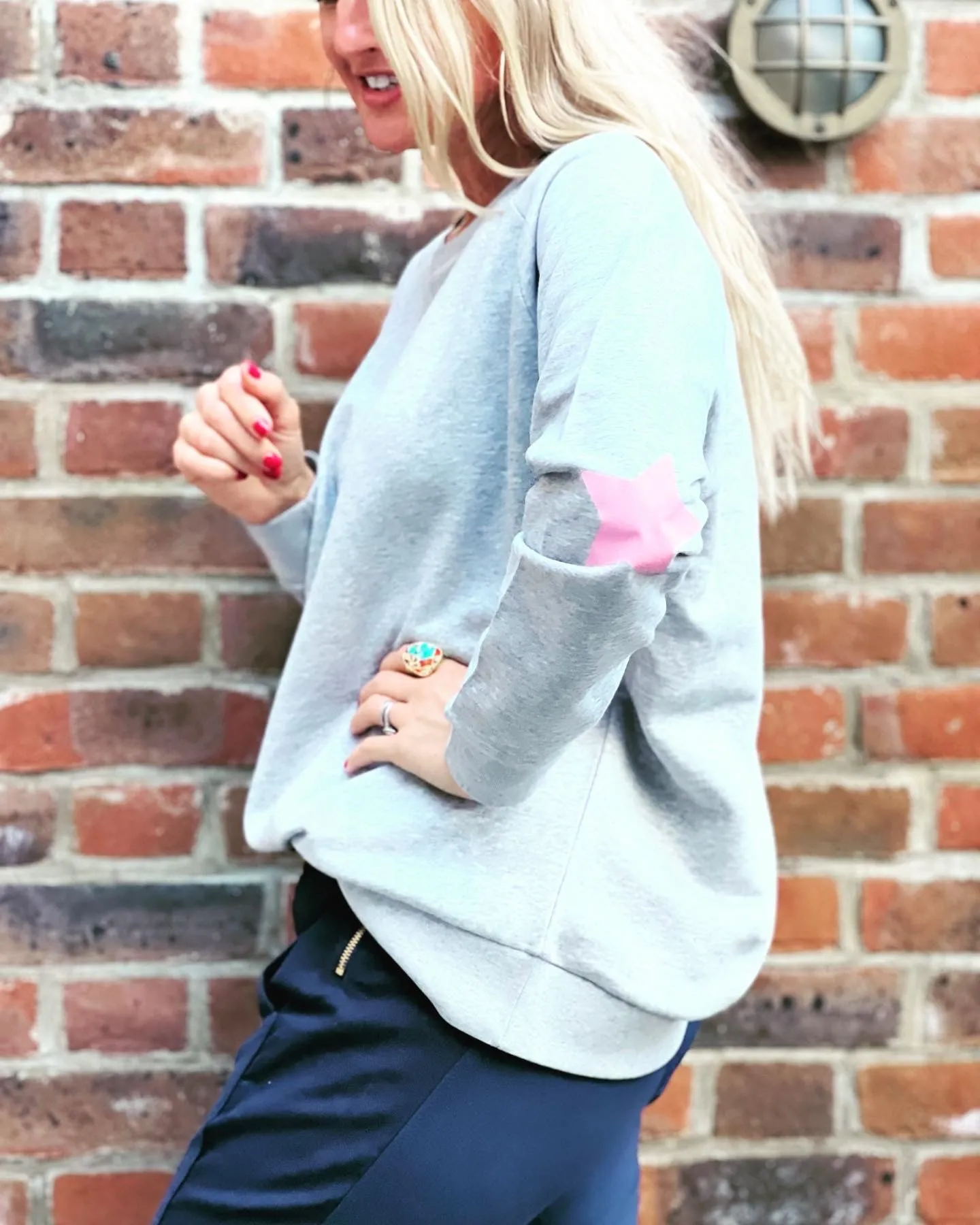 Soft Pink Star Elbow Marl Grey Organic Cotton Sweatshirt