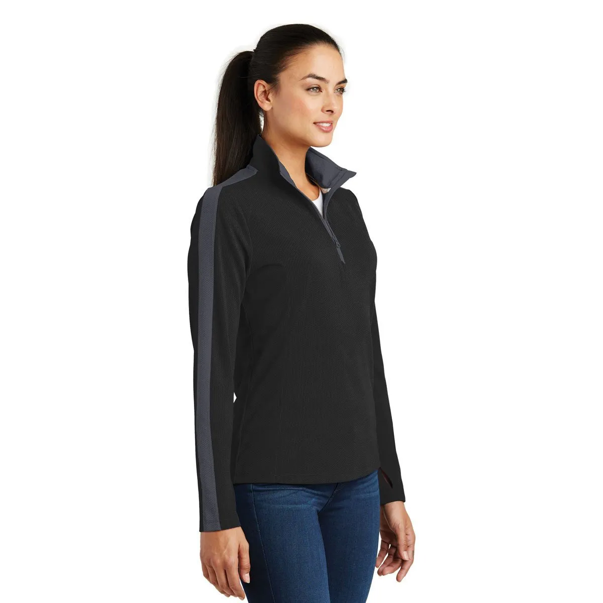 Sport-Tek Women's Black/Iron Grey Sport-Wick Textured Colorblock Quarter Zip Pullover