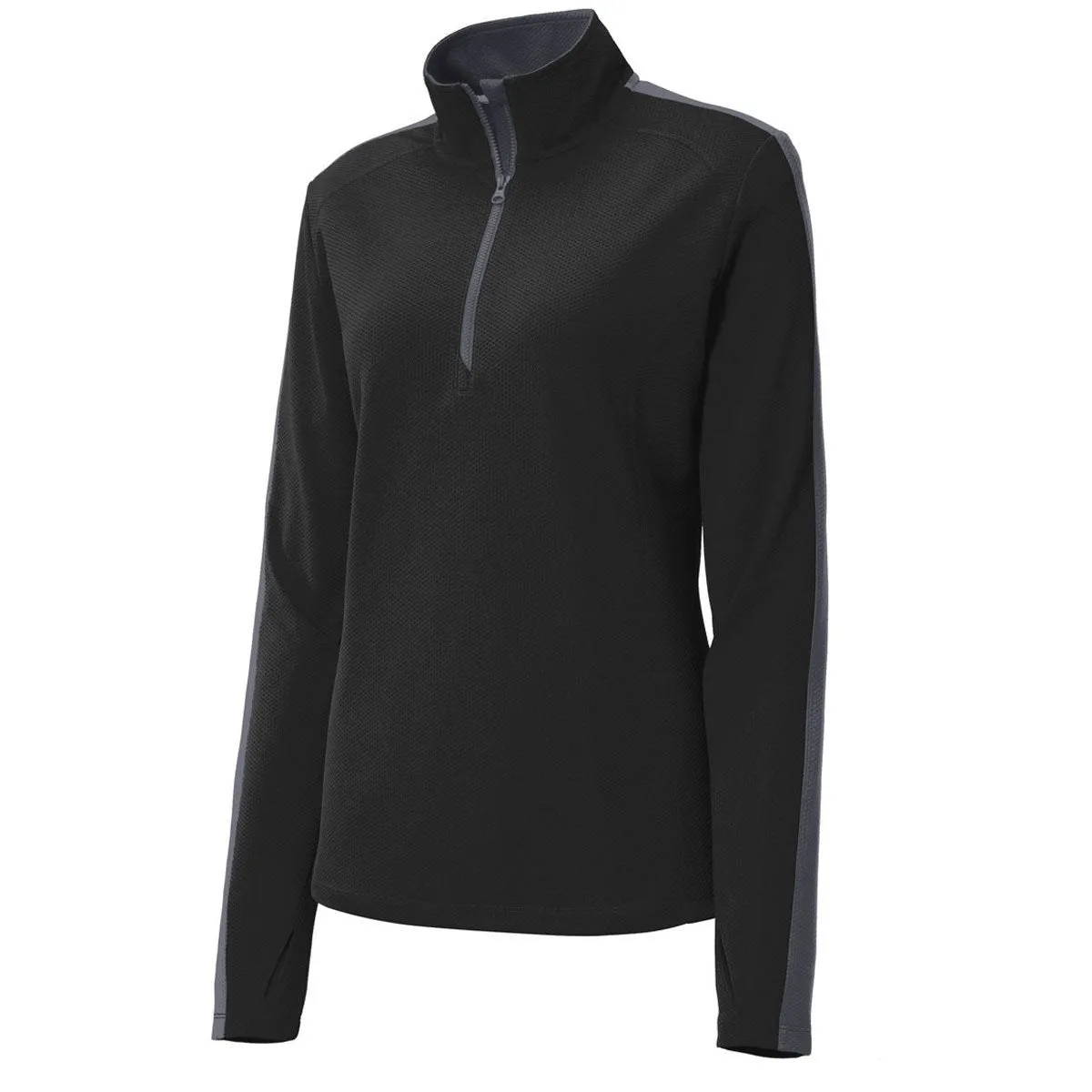 Sport-Tek Women's Black/Iron Grey Sport-Wick Textured Colorblock Quarter Zip Pullover