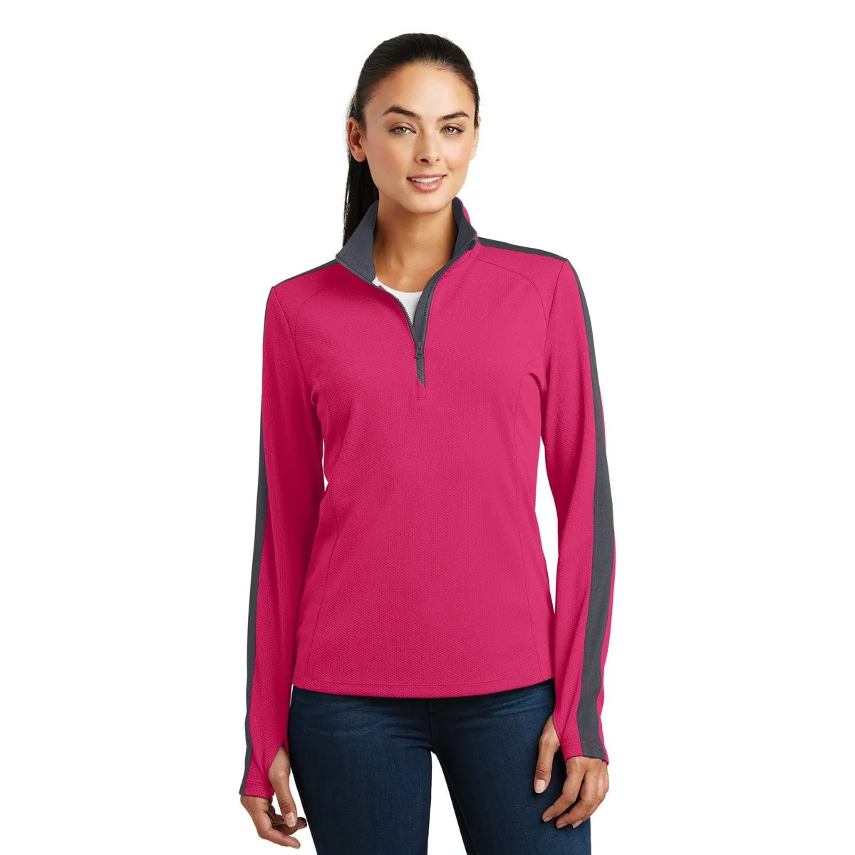 Sport-Tek Women's Pink Raspberry/Iron Grey Sport-Wick Textured Colorblock Quarter Zip Pullover