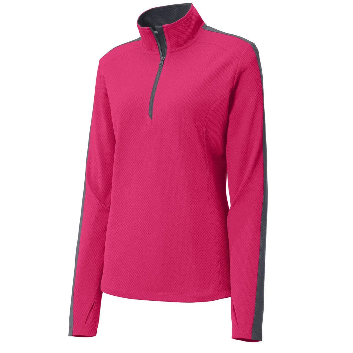 Sport-Tek Women's Pink Raspberry/Iron Grey Sport-Wick Textured Colorblock Quarter Zip Pullover