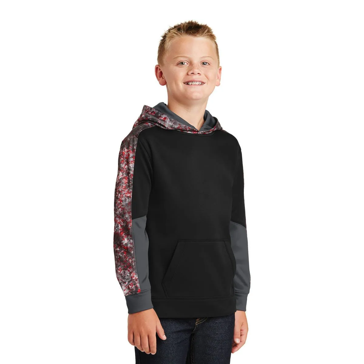 Sport-Tek Youth Deep Red/Black Sport-Wick Mineral Freeze Fleece Colorblock Hooded Pullover