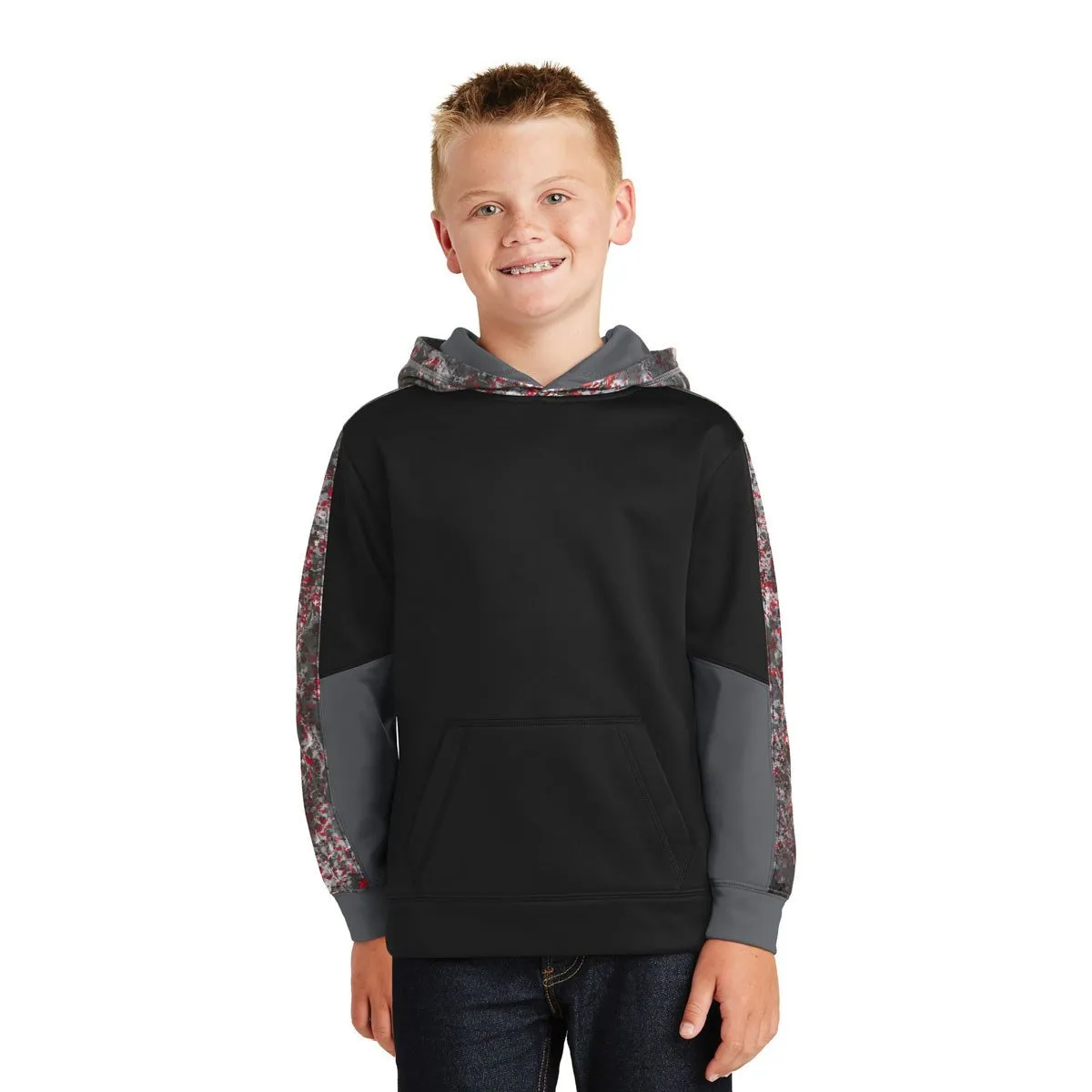 Sport-Tek Youth Deep Red/Black Sport-Wick Mineral Freeze Fleece Colorblock Hooded Pullover