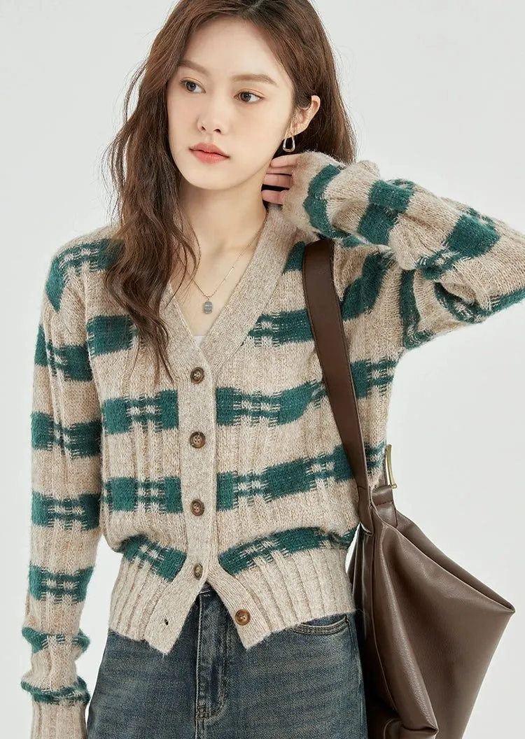 Stripe Crosshatch Ribbed Knit Cardigan