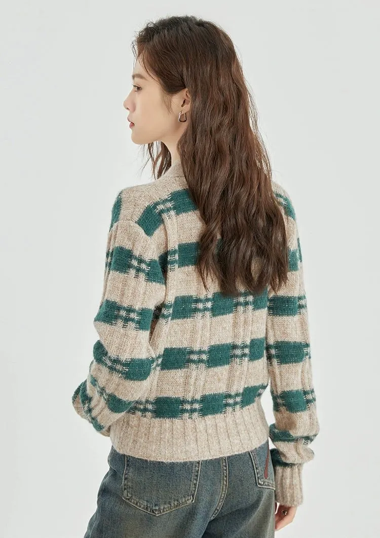 Stripe Crosshatch Ribbed Knit Cardigan