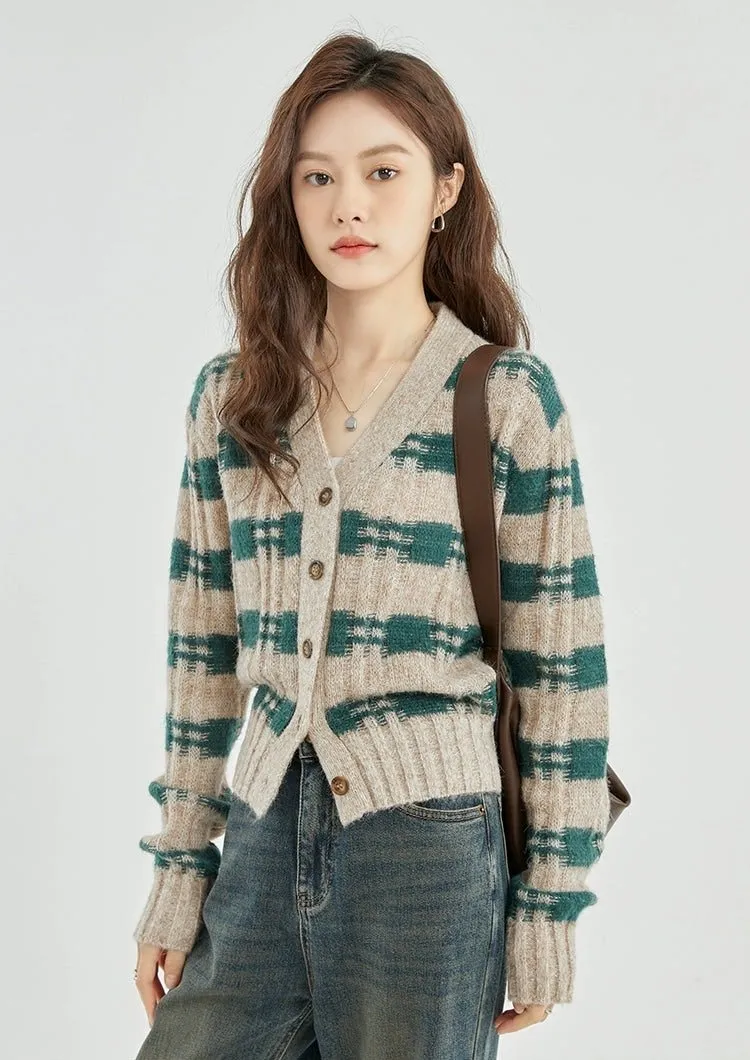 Stripe Crosshatch Ribbed Knit Cardigan