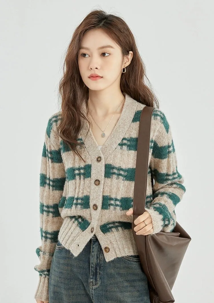 Stripe Crosshatch Ribbed Knit Cardigan