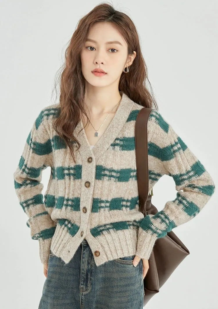 Stripe Crosshatch Ribbed Knit Cardigan