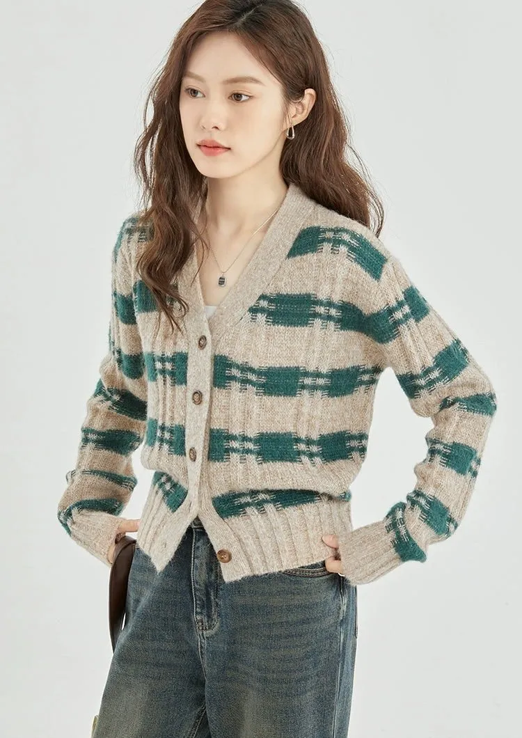 Stripe Crosshatch Ribbed Knit Cardigan