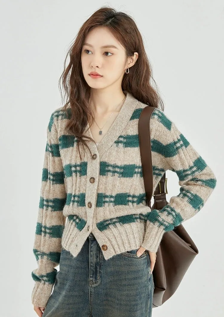 Stripe Crosshatch Ribbed Knit Cardigan