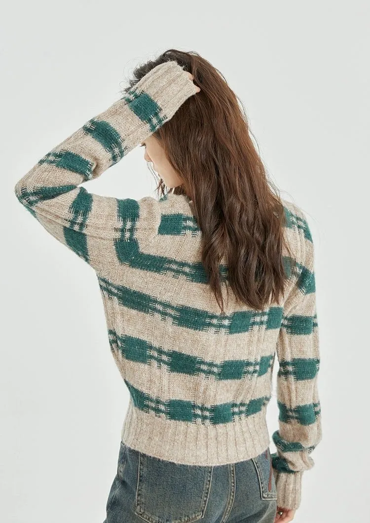 Stripe Crosshatch Ribbed Knit Cardigan