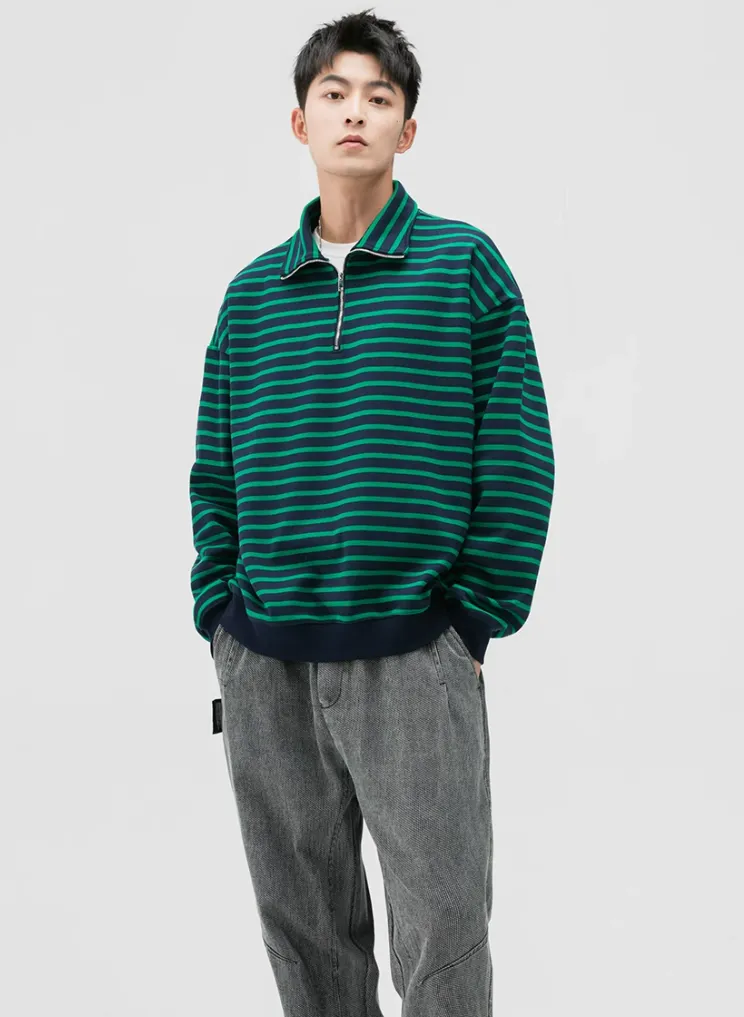 Stripe Half-Zip Pullover Sweatshirt