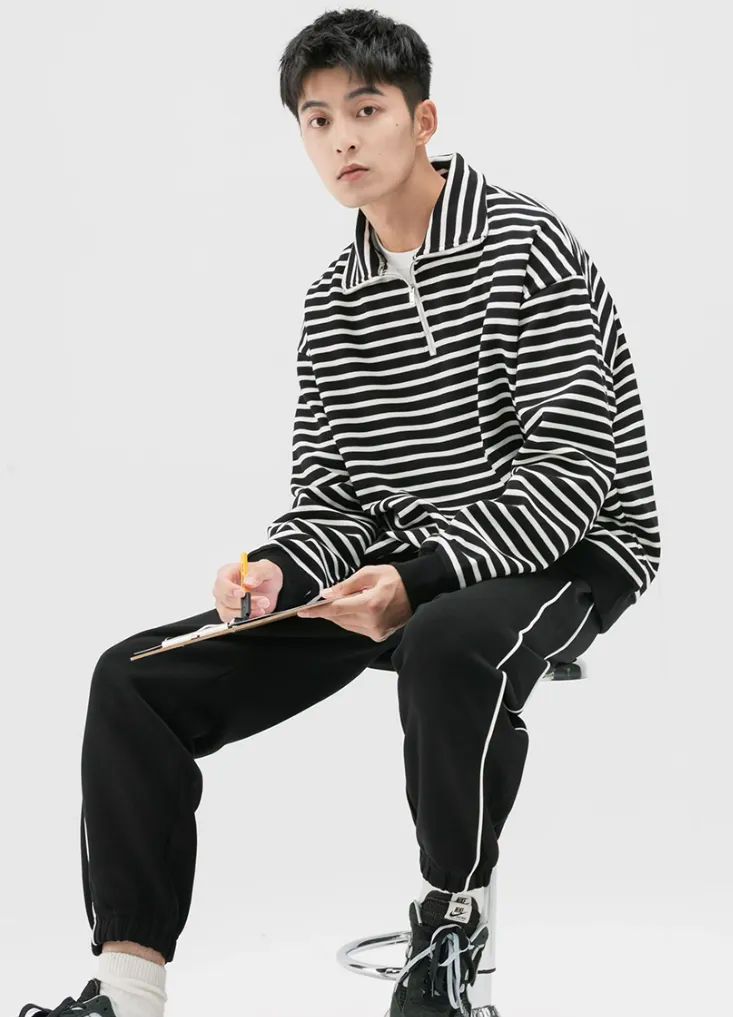 Stripe Half-Zip Pullover Sweatshirt