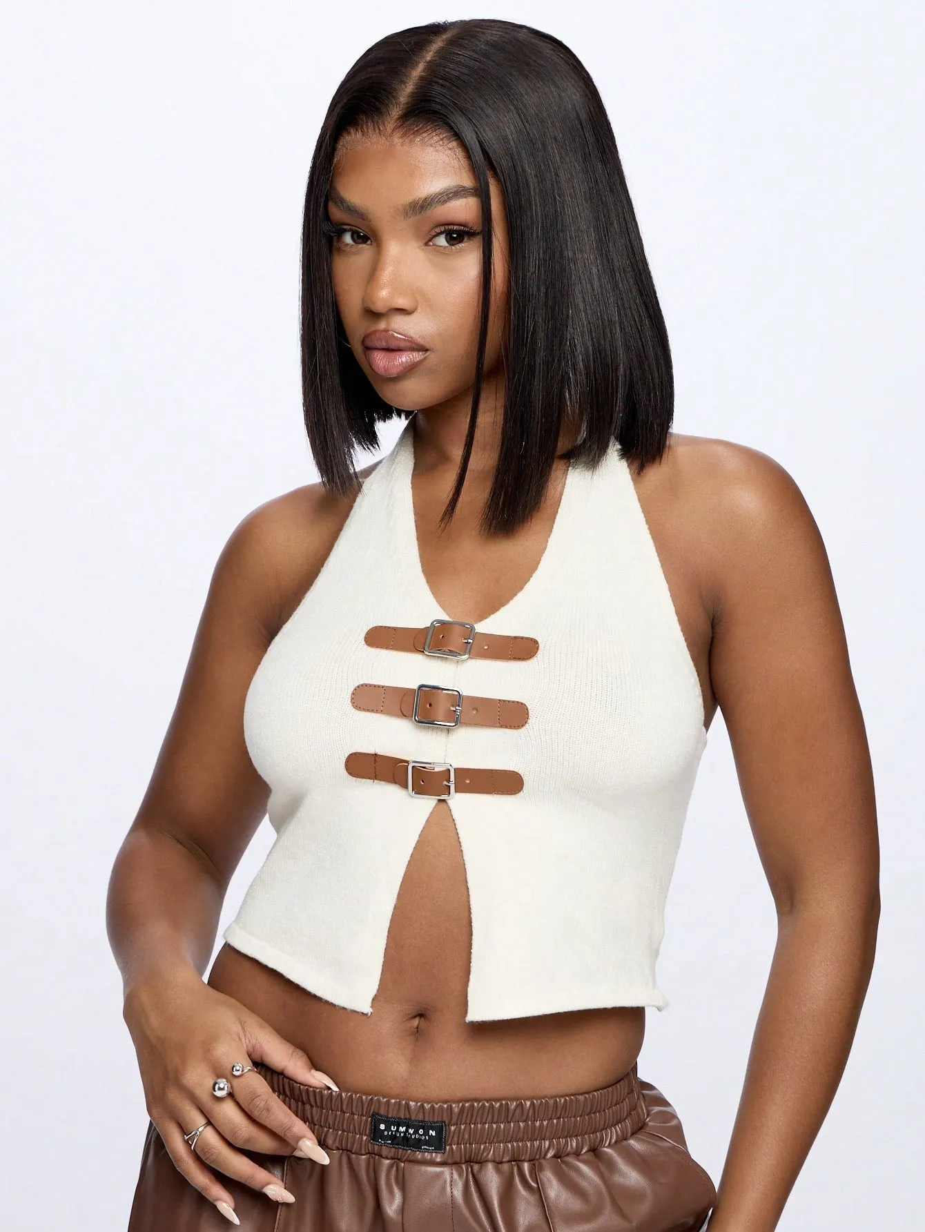 SUMWON WOMEN Knit Halter Neck Crop Top With Buckle Detail