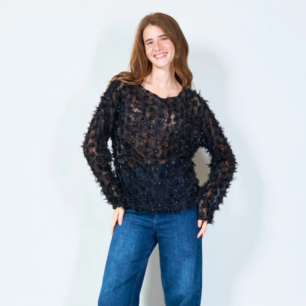 Textured sheer blouse with fuzzy accents wholesale