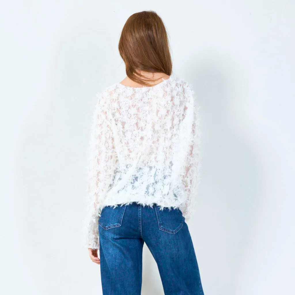 Textured sheer blouse with fuzzy accents wholesale